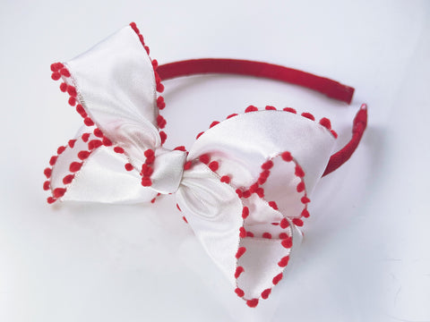 Red and White Pom Pom Bow Headband