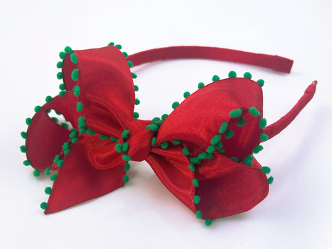 Red and Green Pom Pom Bow Headband